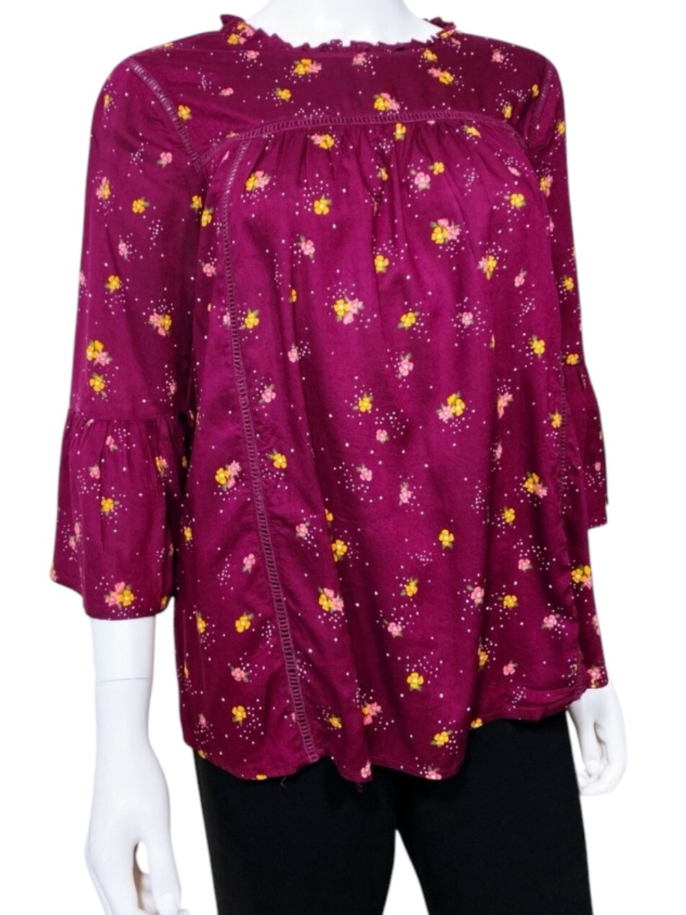 Old Navy Floral Boho Peasant Blouse Medium Maroon Bell Sleeve Cottagecore - Picture 2 of 7